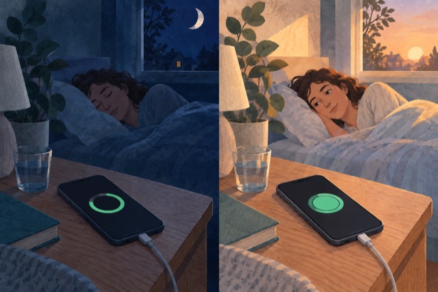 Twee geschilderde scènes met dezelfde telefoon naast een bed: links slaapt iemand bij een deels gevulde laadcirkel, rechts is die cirkel bij het ontwaken vol.