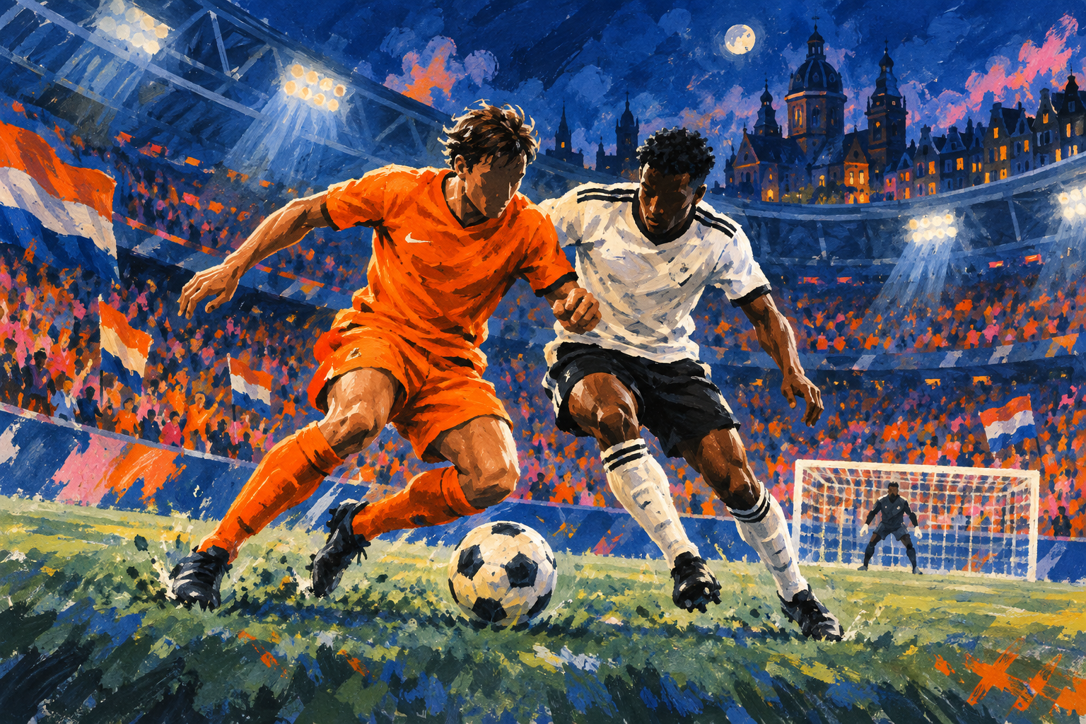 Geschilderde voetbalillustratie met een speler in oranje en een speler in wit en zwart in een denkbeeldig stadion in Amsterdam.