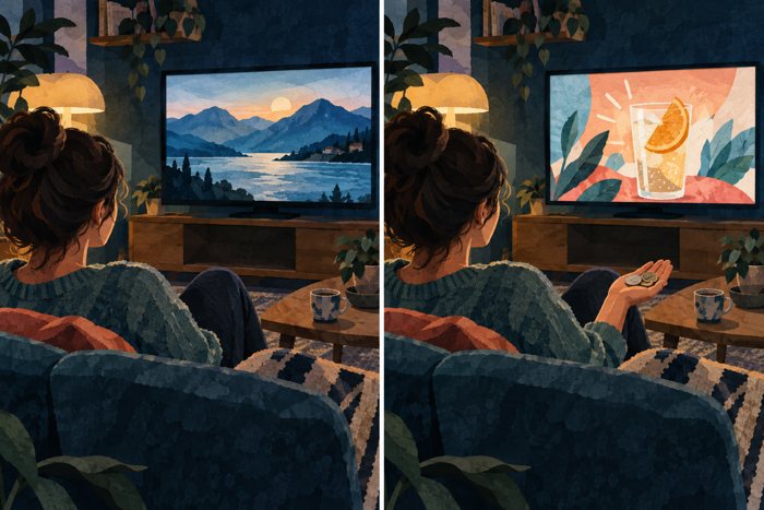 Conceptuele papiercollage: dezelfde kijker ziet links zonder onderbreking een programma en rechts tussendoor een reclamebeeld. Dit is geen echte Netflix-interface.