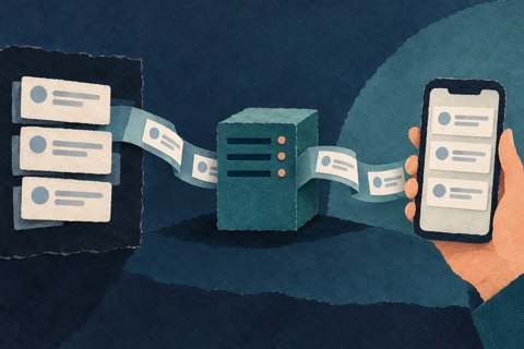 AI-papiercollage van berichten die via een server in het midden naar een telefoon gaan.