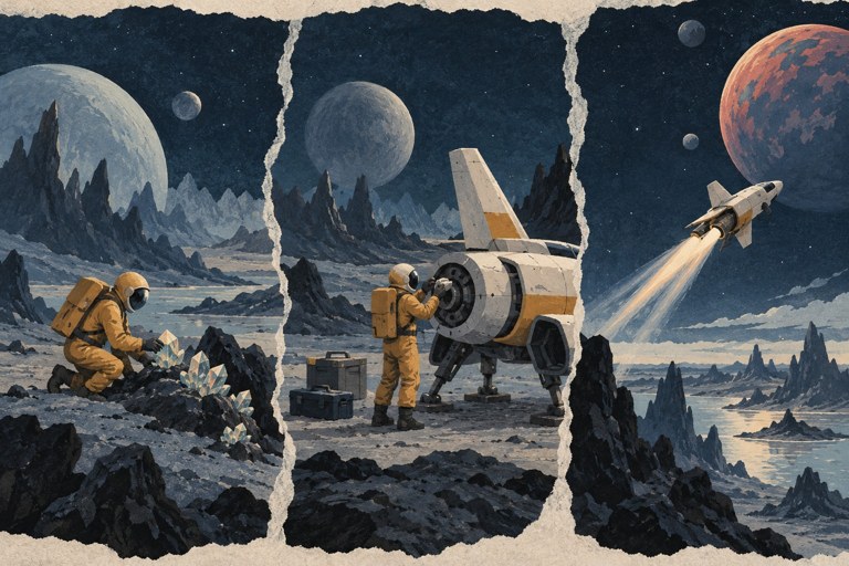 Drie geschilderde scènes: een astronaut verzamelt mineralen, verbetert een ruimteschip en reist naar een volgende planeet.