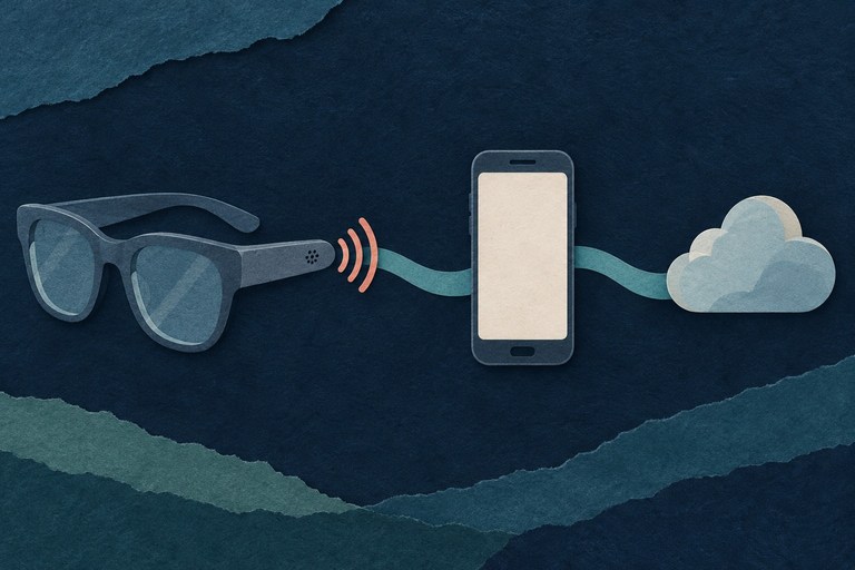 Conceptuele papiercollage met een microfoon in een bril, een telefoon en een cloud.