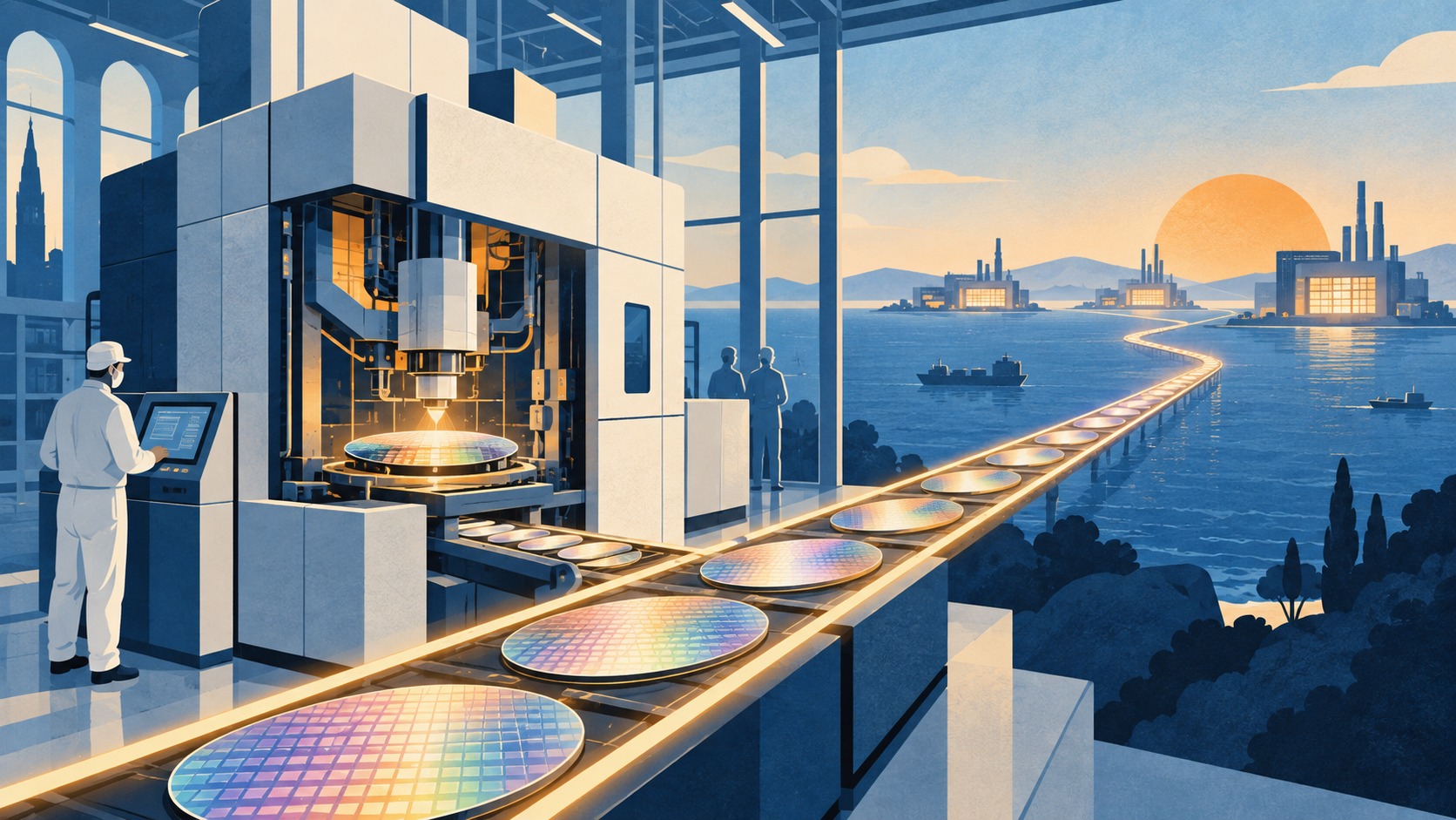 Conceptuele illustratie van een chipmachine en een route naar fabrieken aan de overkant van zee; geen werkelijke handelsroute.