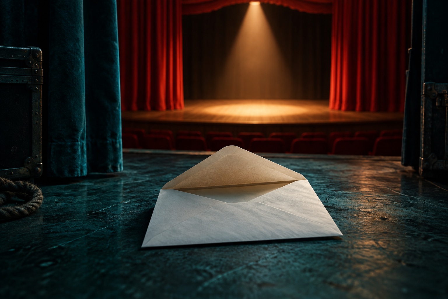 Conceptuele illustratie van een lege theaterzaal met een envelop op de voorgrond; geen echte auditie-uitnodiging.