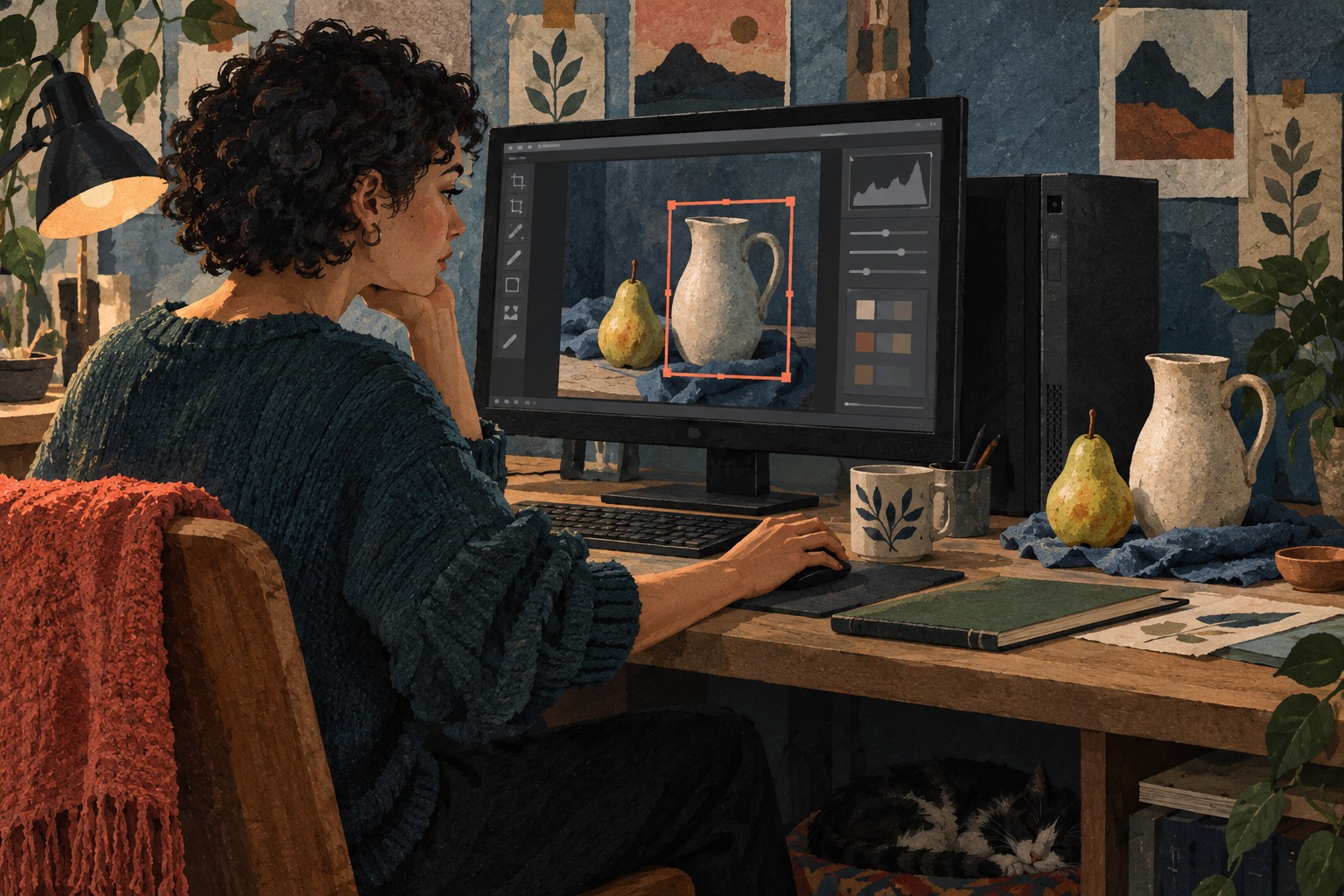 AI-illustratie van een maker die op haar eigen computer een stilleven met een kruik en peer bewerkt.
