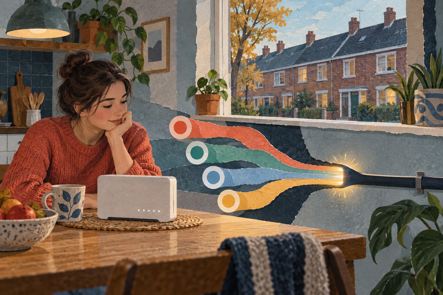 Geschilderde papiercollage van een jongere bij een router; vier gekleurde paden komen samen in één glasvezelkabel.