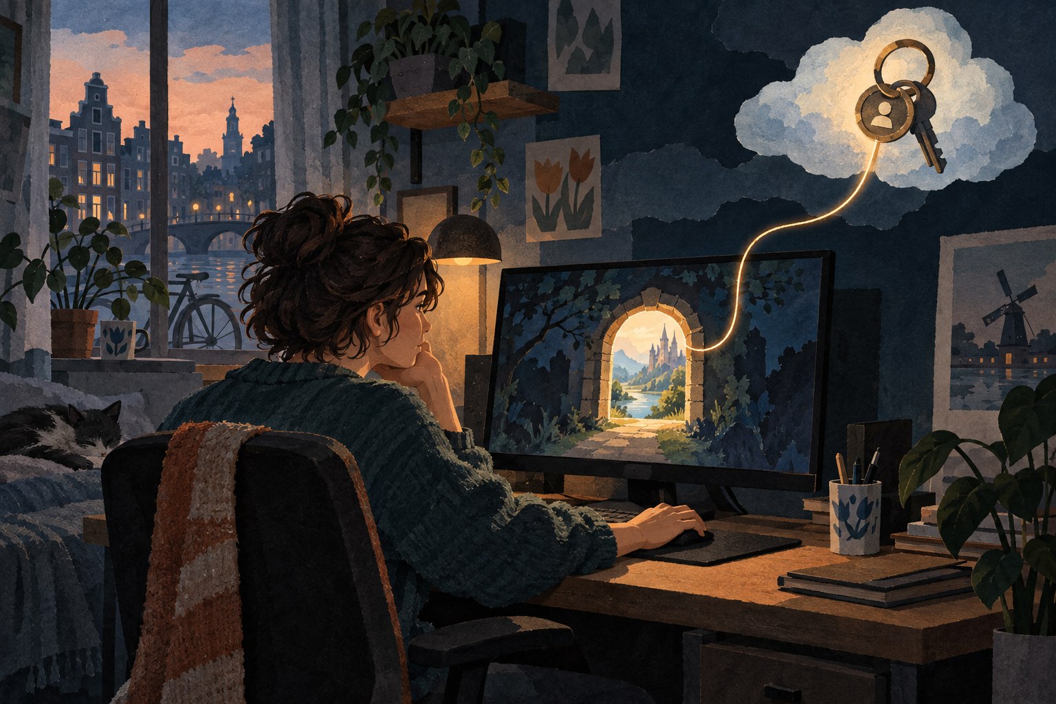 Conceptuele papiercollage van een jonge gamer en een digitaal spel dat via een lichtkoord aan een accountsleutel in de cloud hangt.