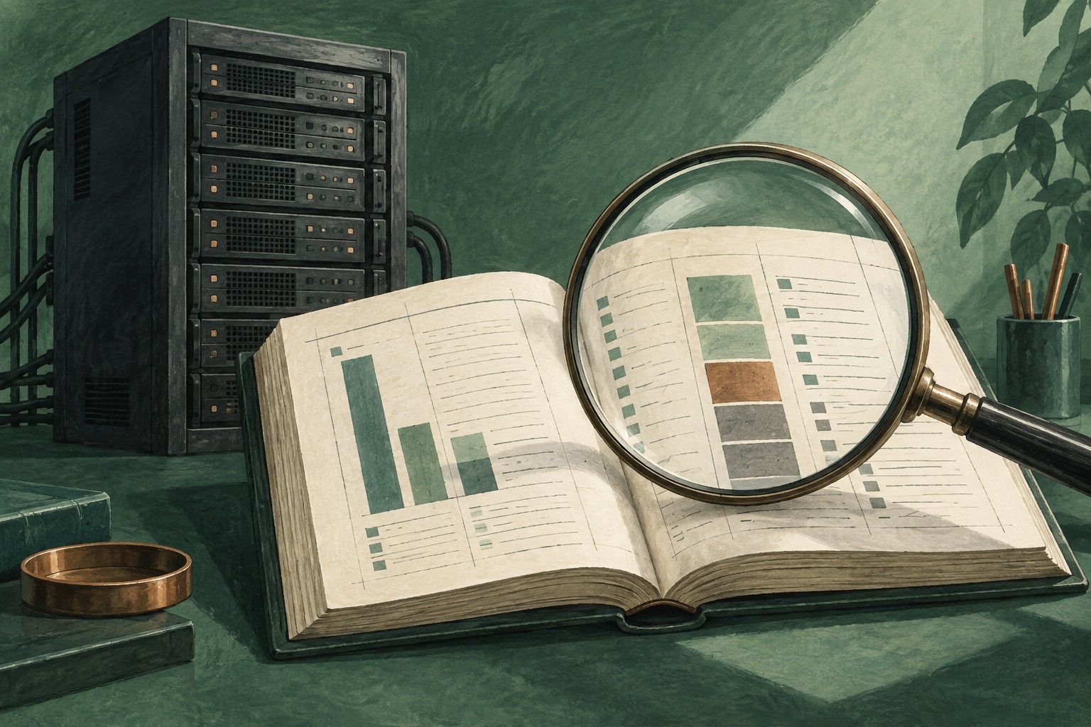 AI-illustratie van een serverkast, een opengeslagen kasboek en een vergrootglas, geschilderd in groen en grijs.