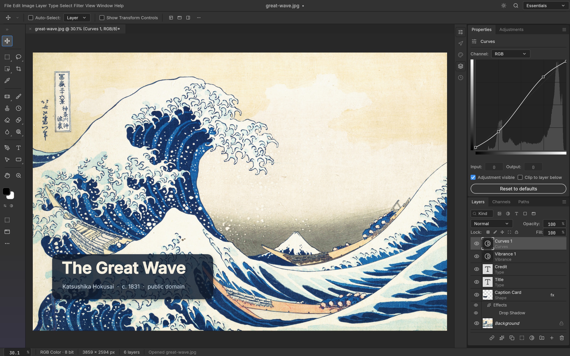 Door ArtCraft geleverd screenshot van PhotoCraft met Hokusai’s De grote golf, een apart tekstvak, lagenpaneel en kleuraanpassing.