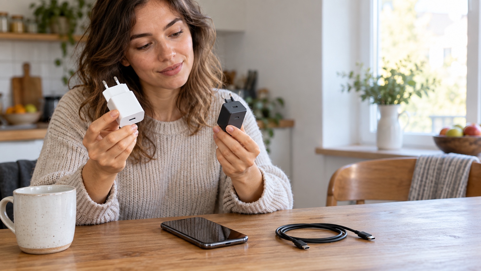 Twee USB-C-opladers en een telefoon op een keukentafel; iemand vergelijkt welke oplader geschikt is.