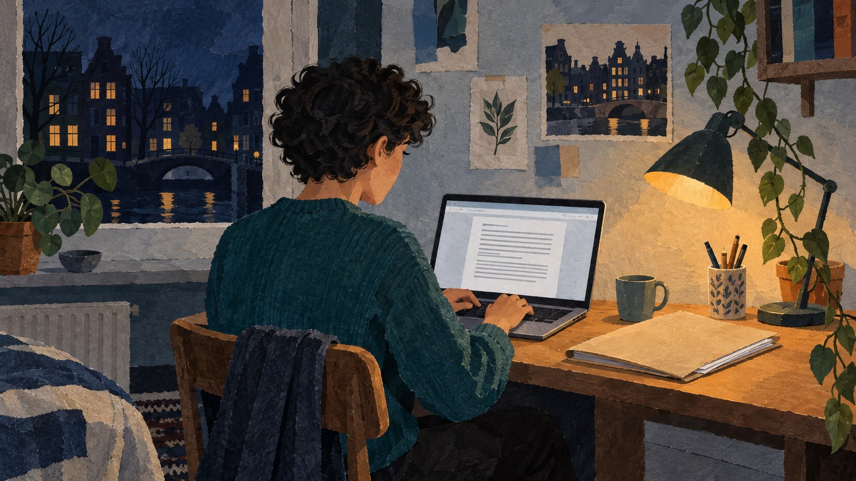 Conceptuele collage van iemand die thuis aan een document werkt op een laptop; een map met papieren ligt naast de computer.