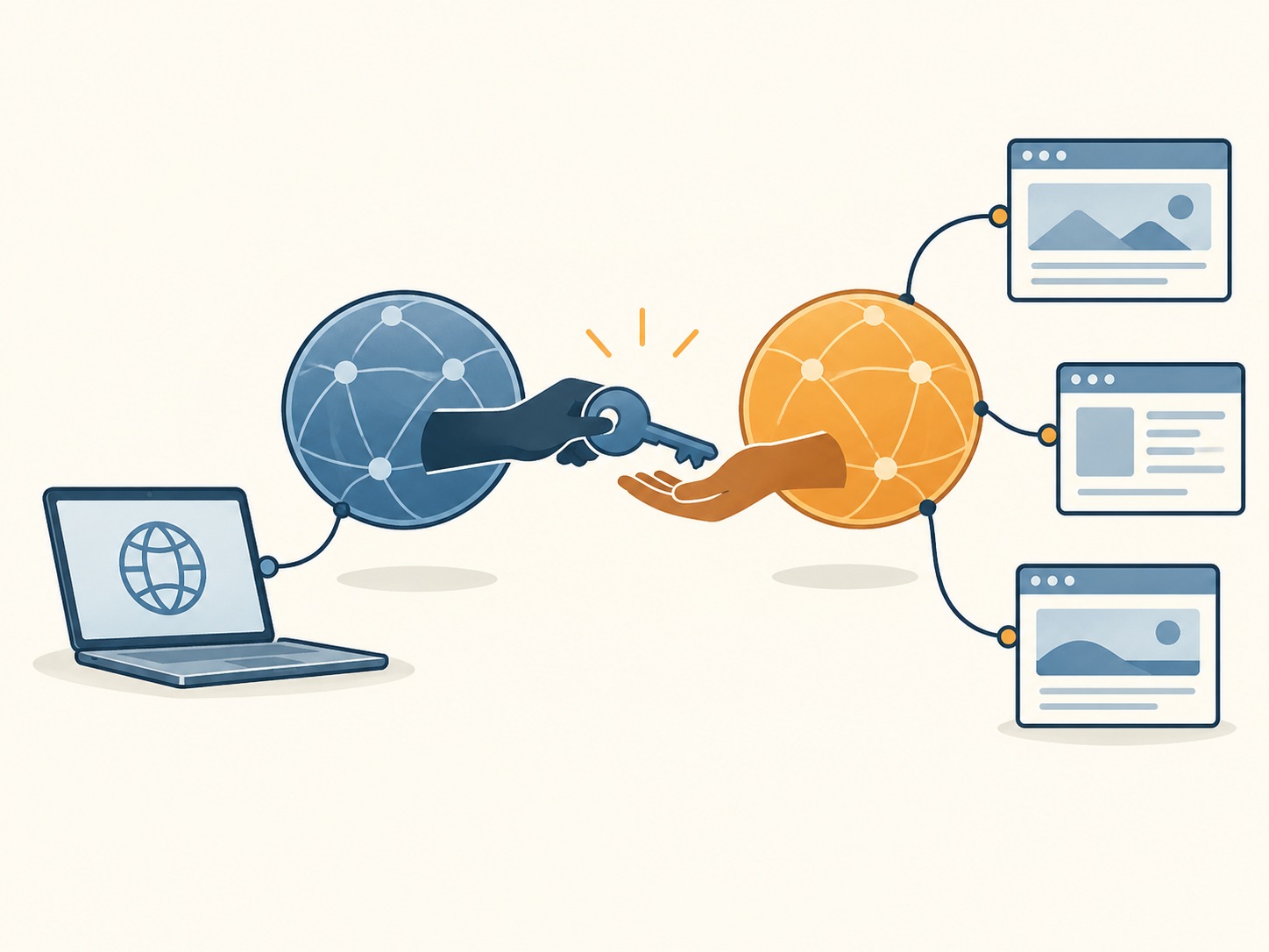 Conceptuele illustratie van een sleutel die tussen twee netwerkfiguren wordt overgedragen, verbonden met een laptop en websitevensters; geen echte infrastructuur.