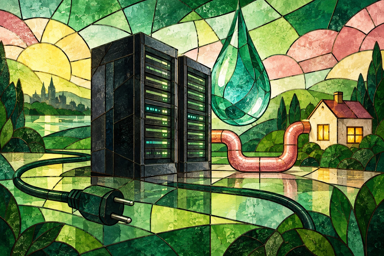 AI-illustratie in glas-in-loodstijl met serverkasten, een waterdruppel, een stekker en een warmtebuis naar een huis; een conceptuele voorstelling.