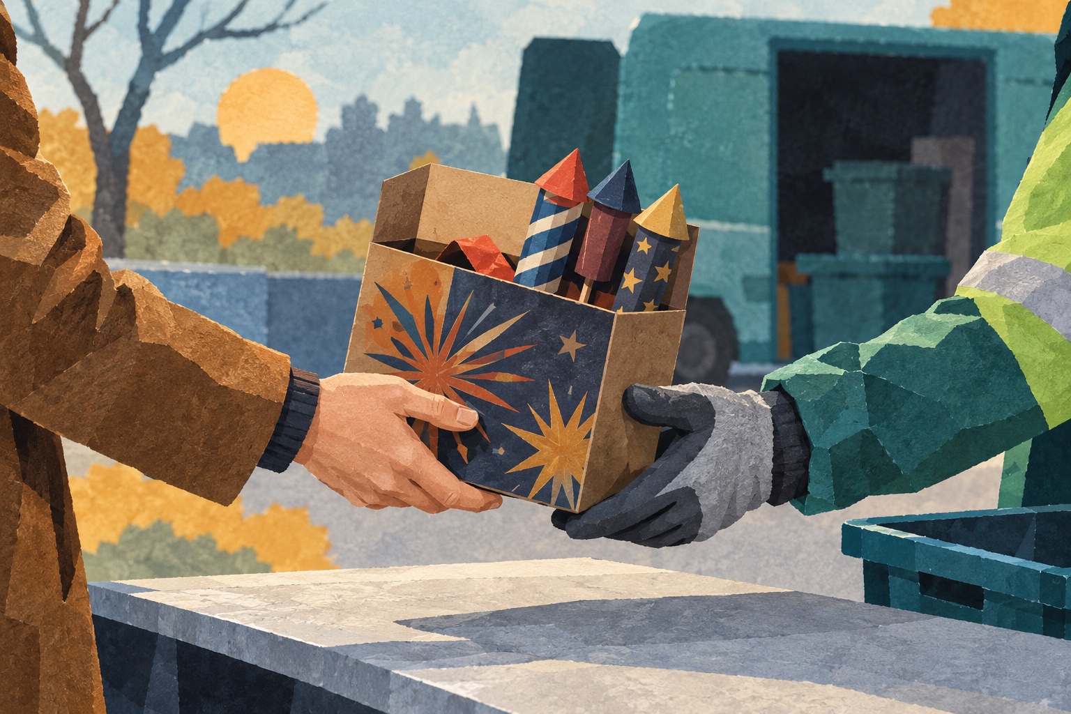 Conceptuele illustratie van ongebruikt vuurwerk dat op een tafel wordt overgedragen aan een inzamelaar; geen beeld van de echte locatie in Hoorn.