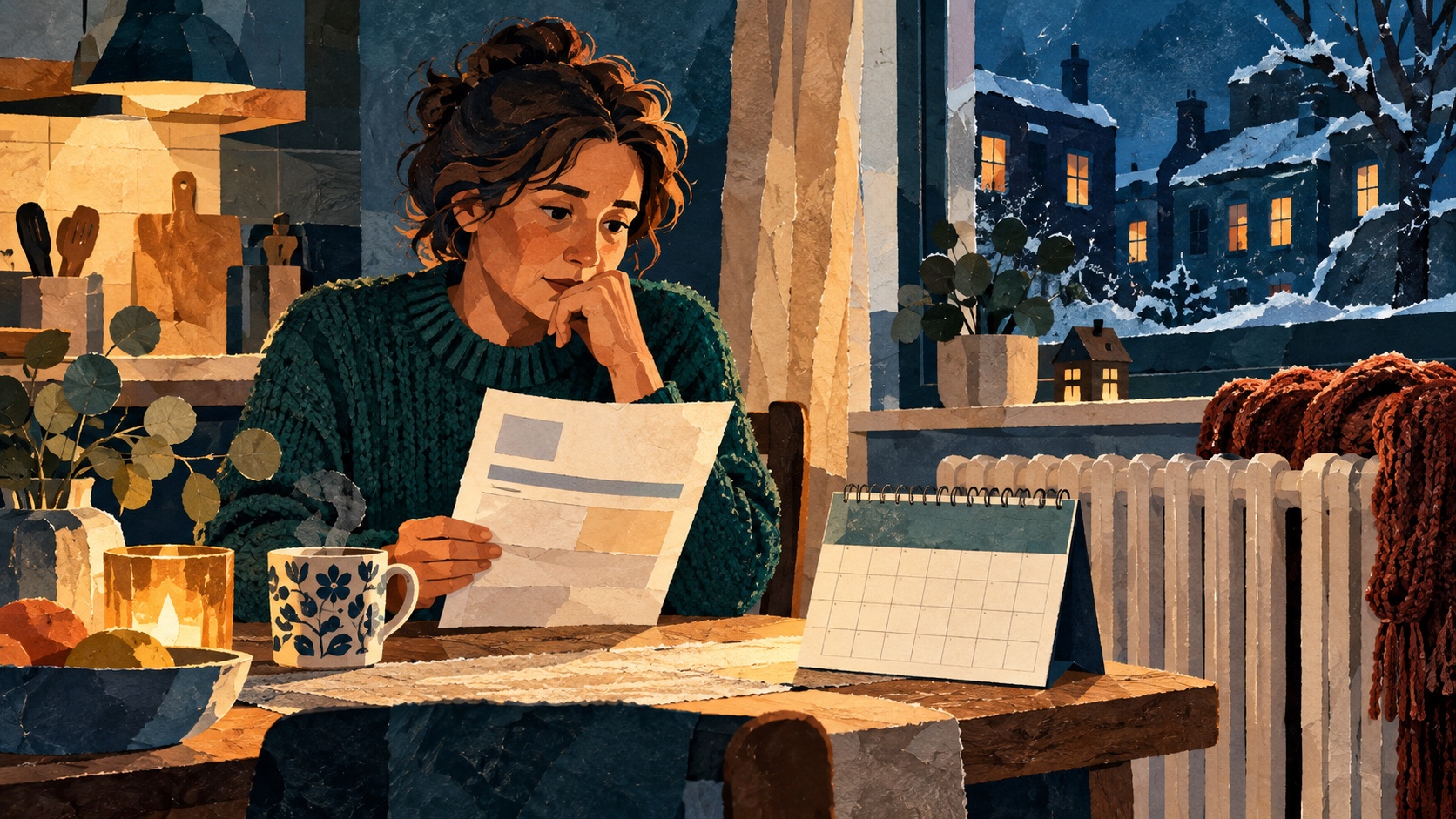 Illustratie van een bewoner die in een winterse woning een energierekening bekijkt; de afbeelding toont geen echte aanvraag of uitbetaling.