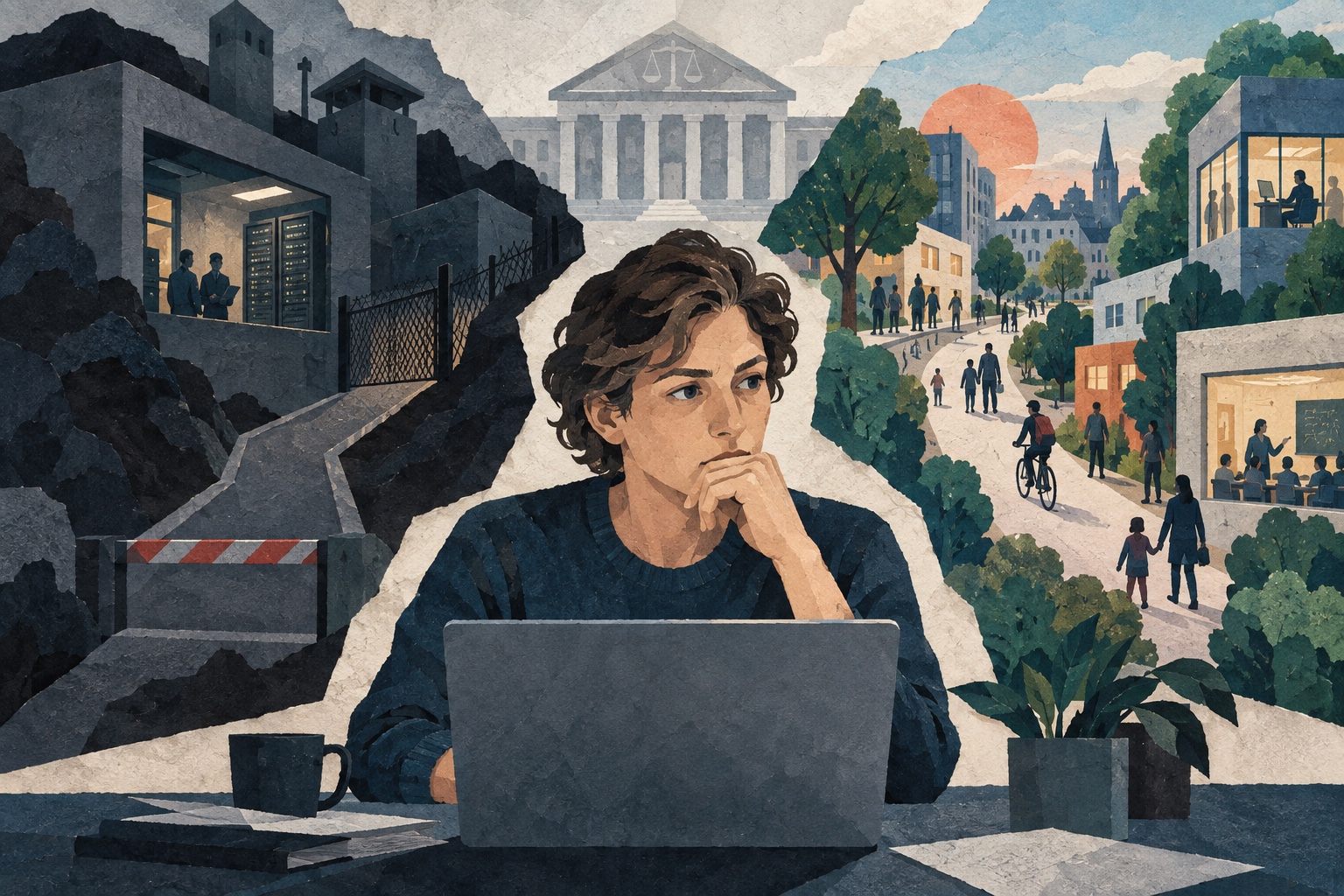 Illustratie van een technologiewerker tussen een afgeschermd defensienetwerk en een open straat met gewone gebruikers.