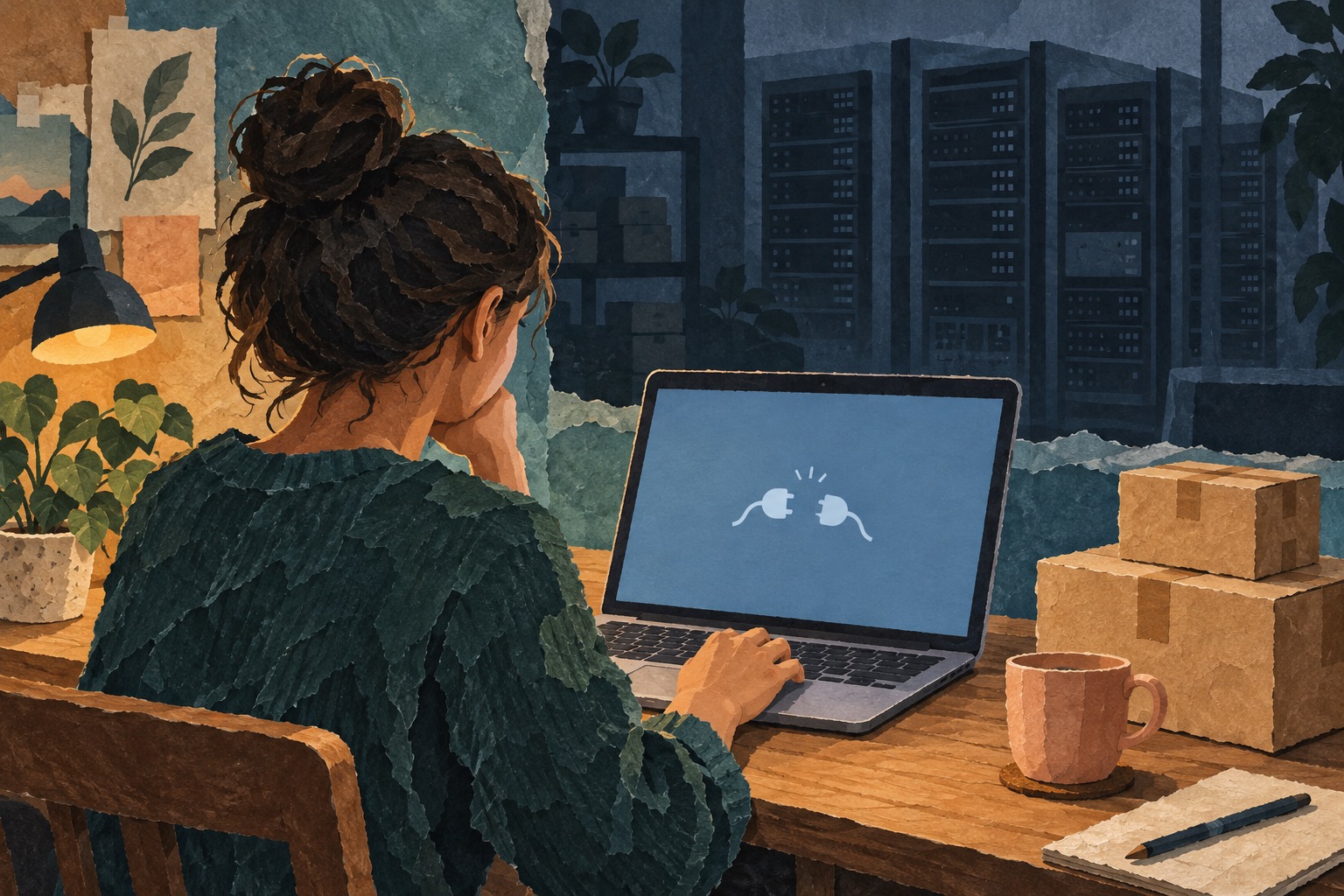 AI-illustratie van een webwinkelier bij een laptop met een verbroken verbinding, pakketjes en servers op de achtergrond.