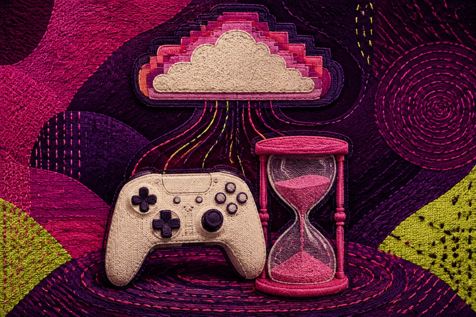AI-illustratie van een geborduurde controller, wolk en roze zandloper op paars textiel.