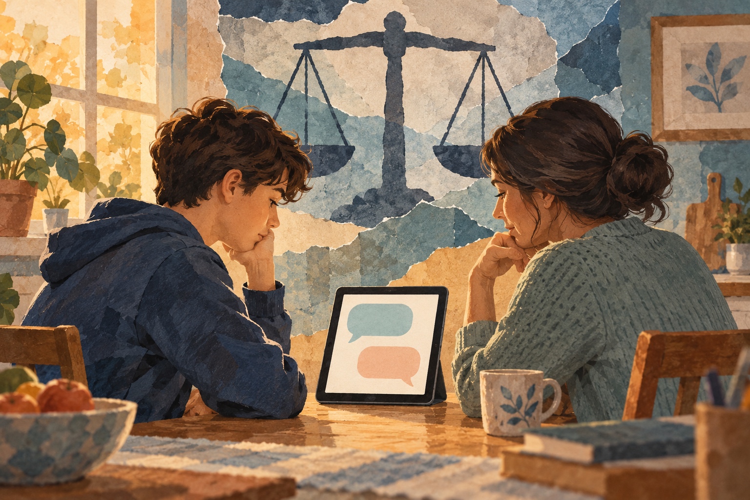 Conceptuele AI-illustratie van een tiener en een ouder bij een tablet, met een weegschaal als verwijzing naar de rechtszaken.