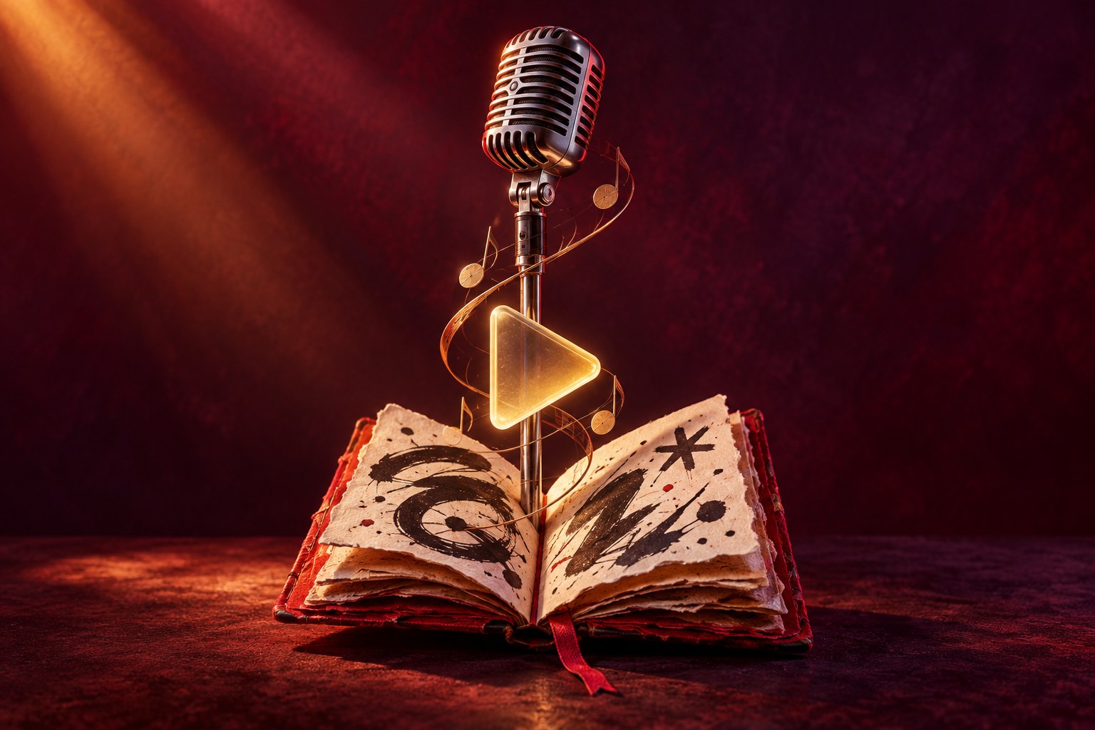 AI-illustratie van een microfoon, een open notitieboek en een afspeelsymbool als verbeelding van muziekvideo’s en songuitleg.