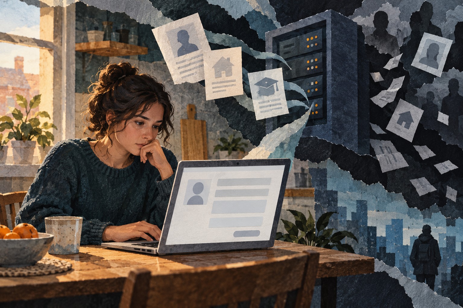 Conceptuele papiercollage van een sollicitant bij een laptop, met een server en losgeraakte documenten op de achtergrond.