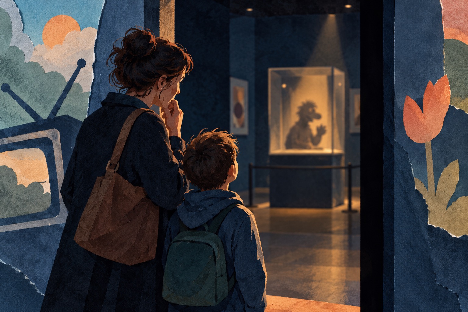 Geschilderde collage van een ouder en kind voor een donkere museumzaal met een abstracte pop achter glas.