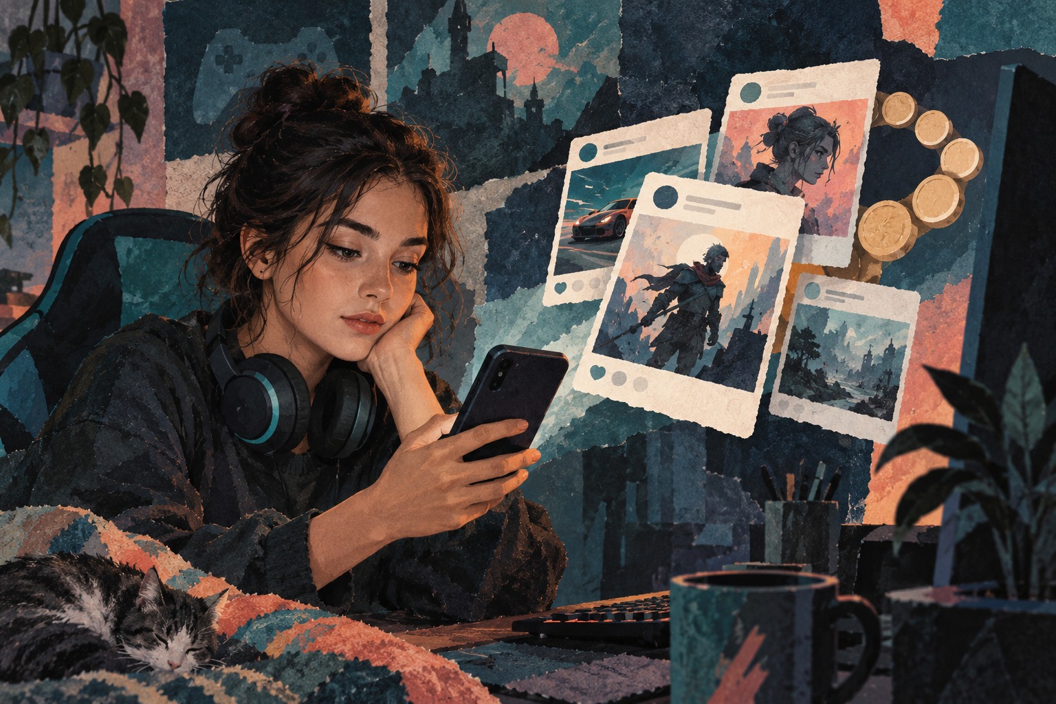 AI-illustratie van een gamefan die berichten op haar telefoon bekijkt.