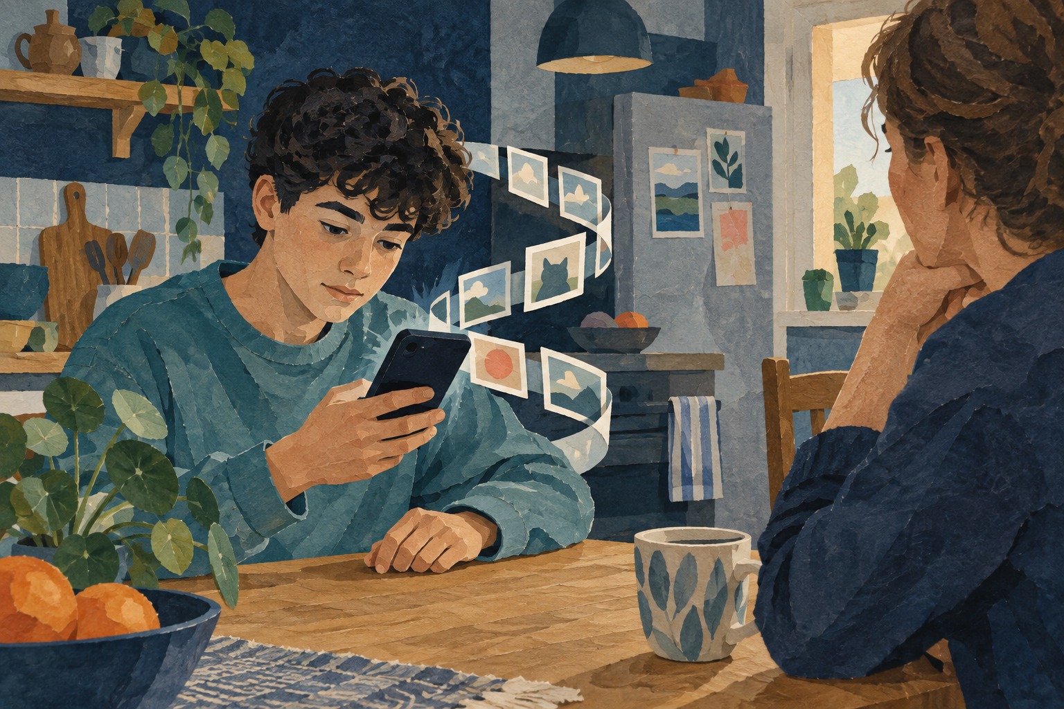 AI-illustratie in papiercollage: een tiener kijkt naar een telefoon terwijl een ouder aan de keukentafel wacht.