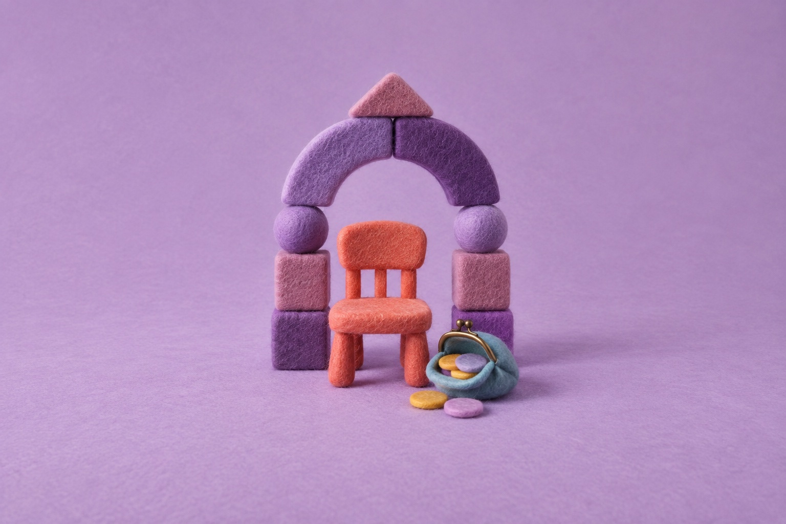 Conceptuele AI-illustratie van een oranje vilten kinderstoeltje onder een paarse boog van speelblokken, naast een portemonnee.
