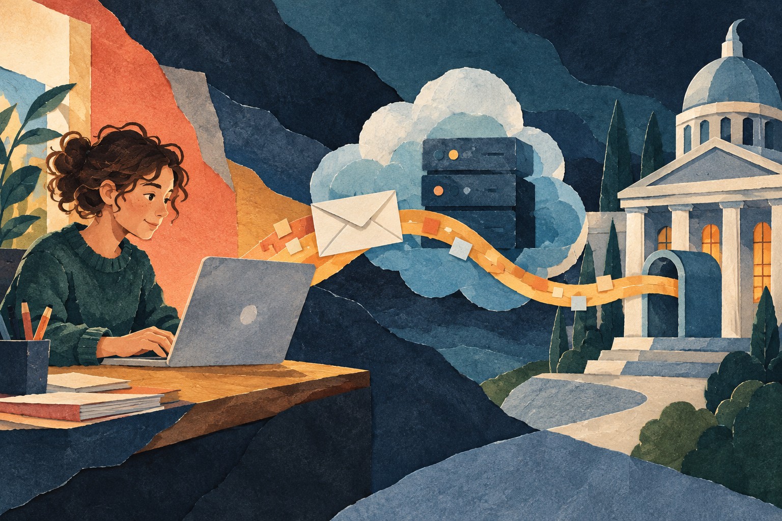 Geschilderde papiercollage van een jongere die een e-mail verstuurt langs een tussendienst naar een Europees openbaar gebouw.