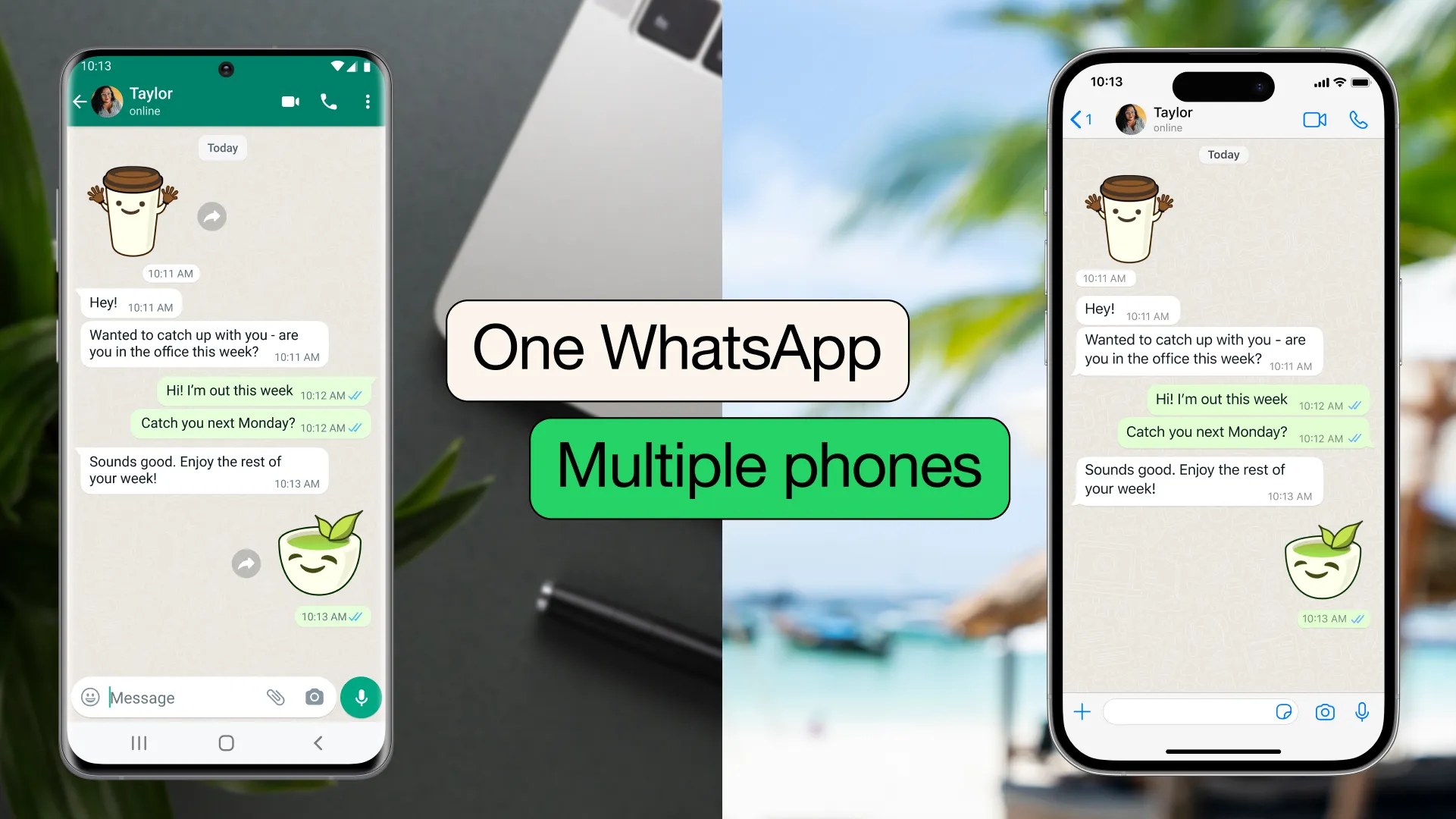 Officieel WhatsApp-beeld met hetzelfde voorbeeldgesprek op een Android-telefoon en een iPhone.