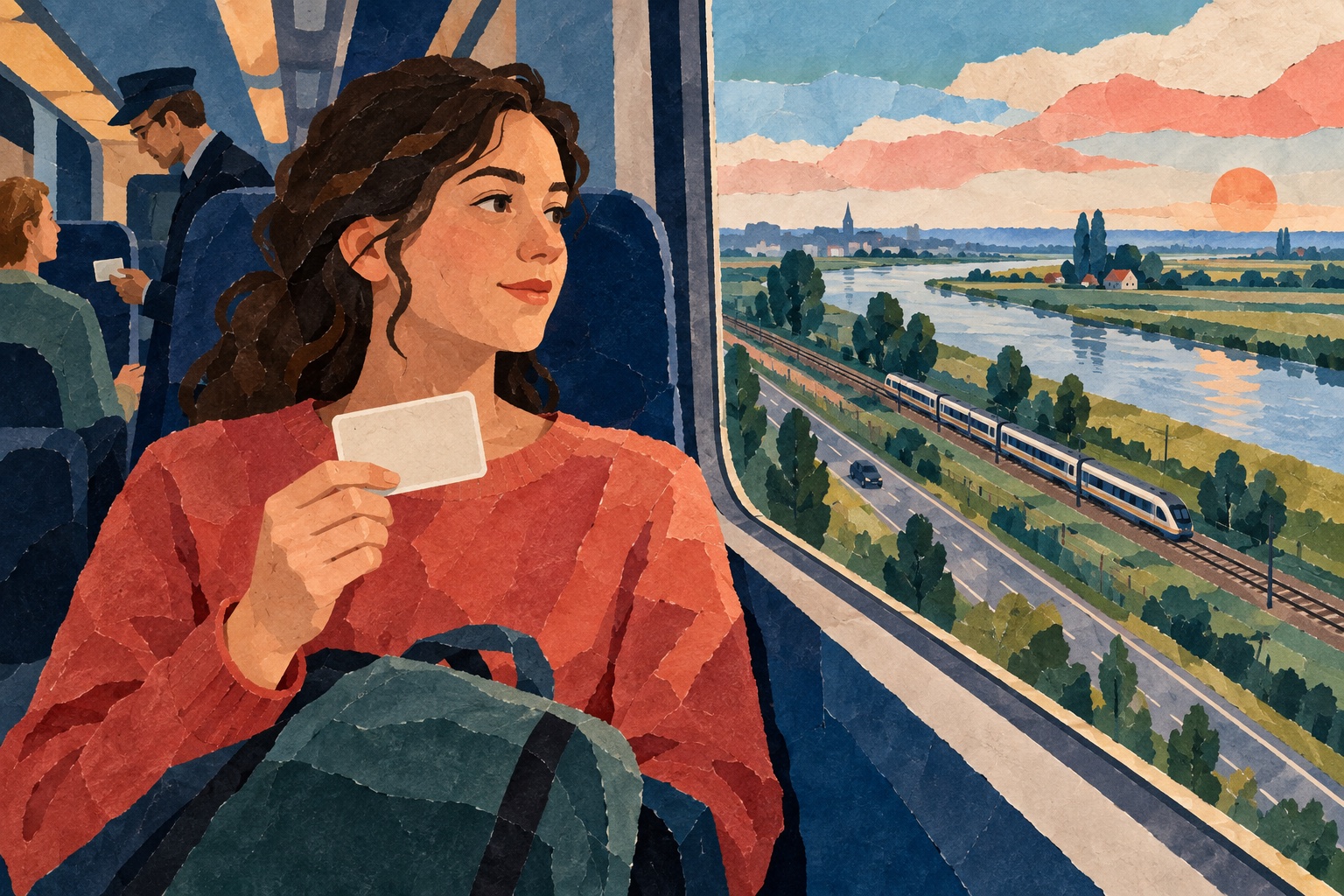 AI-illustratie van een treinreiziger met een blanco identiteitskaart bij een landschap met spoor en weg; geen echte grenscontrole.