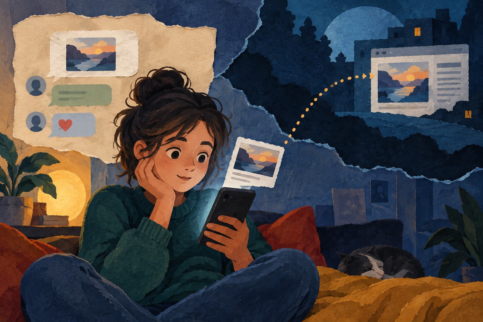 Geschilderde papiercollage van een jongere met telefoon, een linkkaartje en een gestippelde route naar een website.