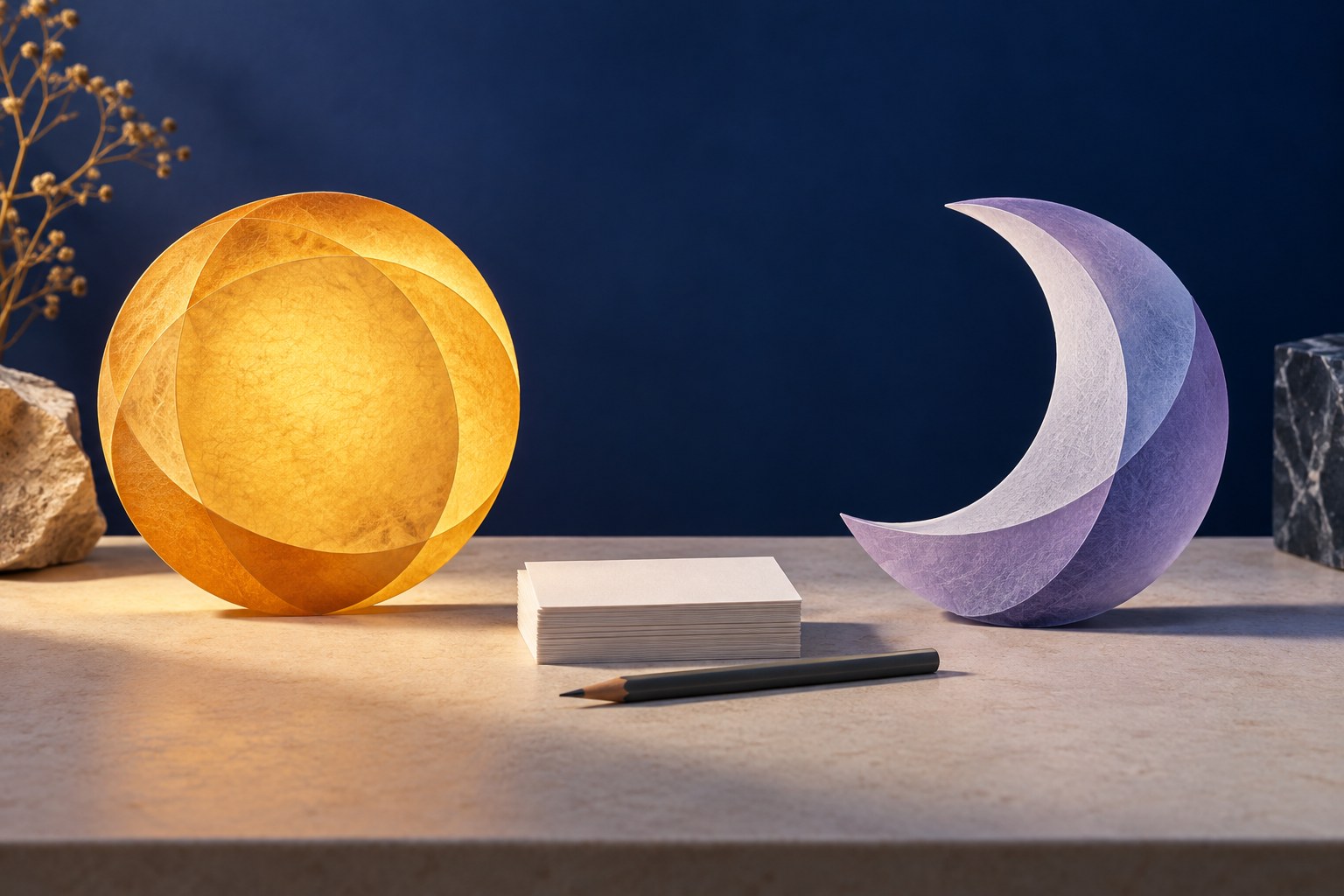 AI-illustratie van een papieren zon en maan naast blanco testkaartjes en een potlood.