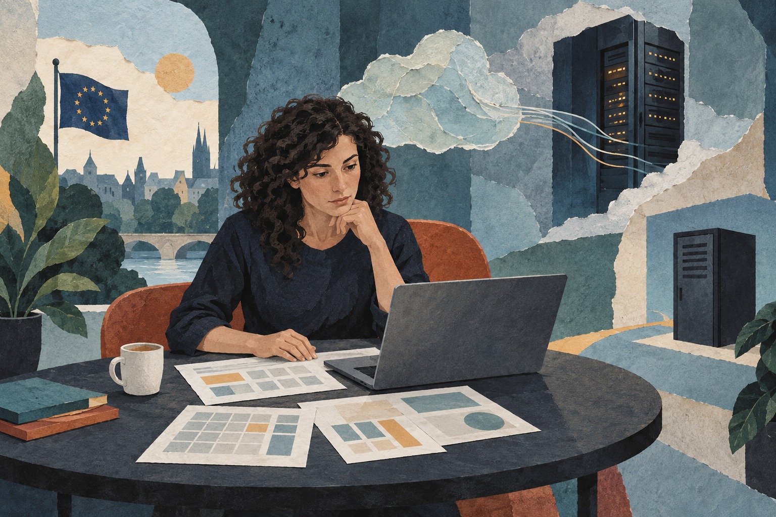 Illustratie van een analist die documenten naast een laptop controleert, met op de achtergrond een verbinding naar een serverkast.