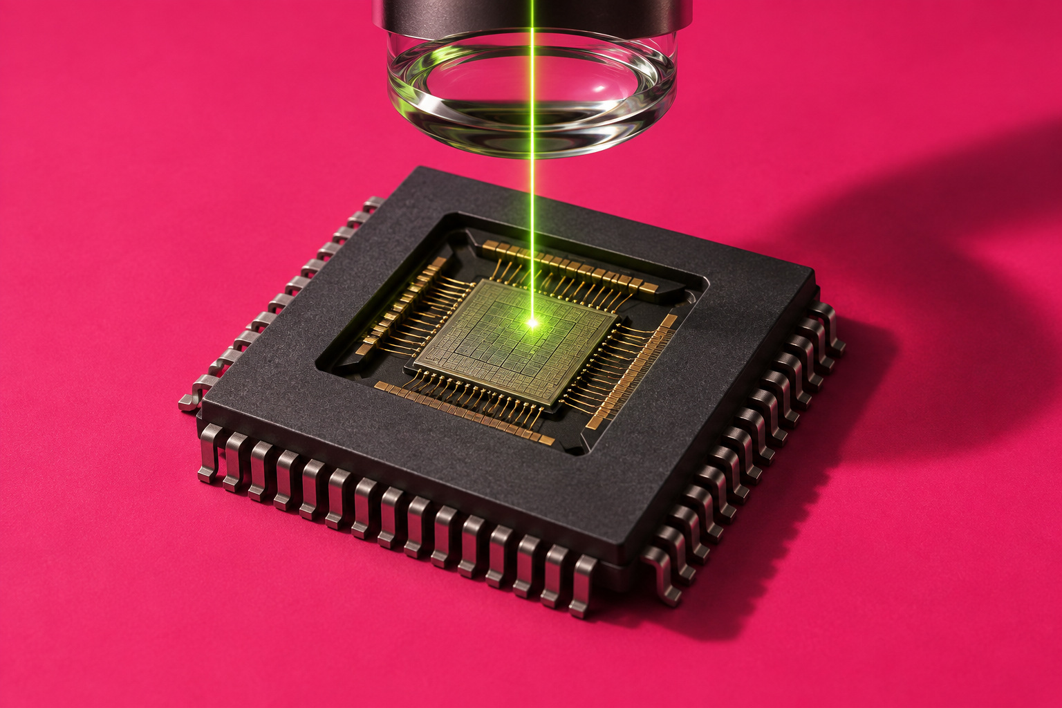 AI-illustratie van een opengelegde conceptchip onder een lens met een lichtstraal, op een roze achtergrond; geen weergave van de echte proefopstelling.