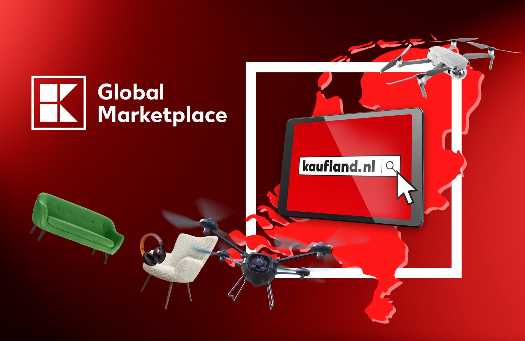 Persillustratie voor Kaufland.nl met een tablet, Nederlandse landkaart, meubels, koptelefoon en drones.