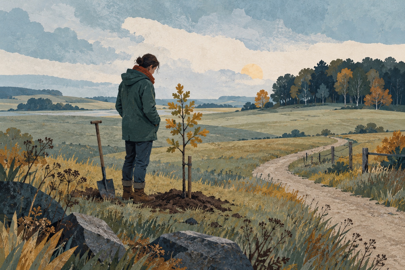 Conceptuele AI-illustratie van een volwassene bij een jonge boom aan de rand van een open veld. Het beeld verbeeldt bosaanleg en toont geen echte locatie of gemeten resultaat.