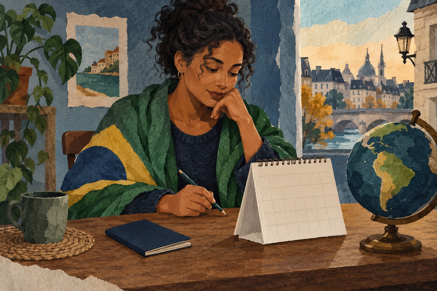 Conceptuele AI-illustratie van een vrouw die thuis een nieuwe stemdag plant naast een kalender en wereldbol; geen beeld van een echte kiezer of stemlocatie.
