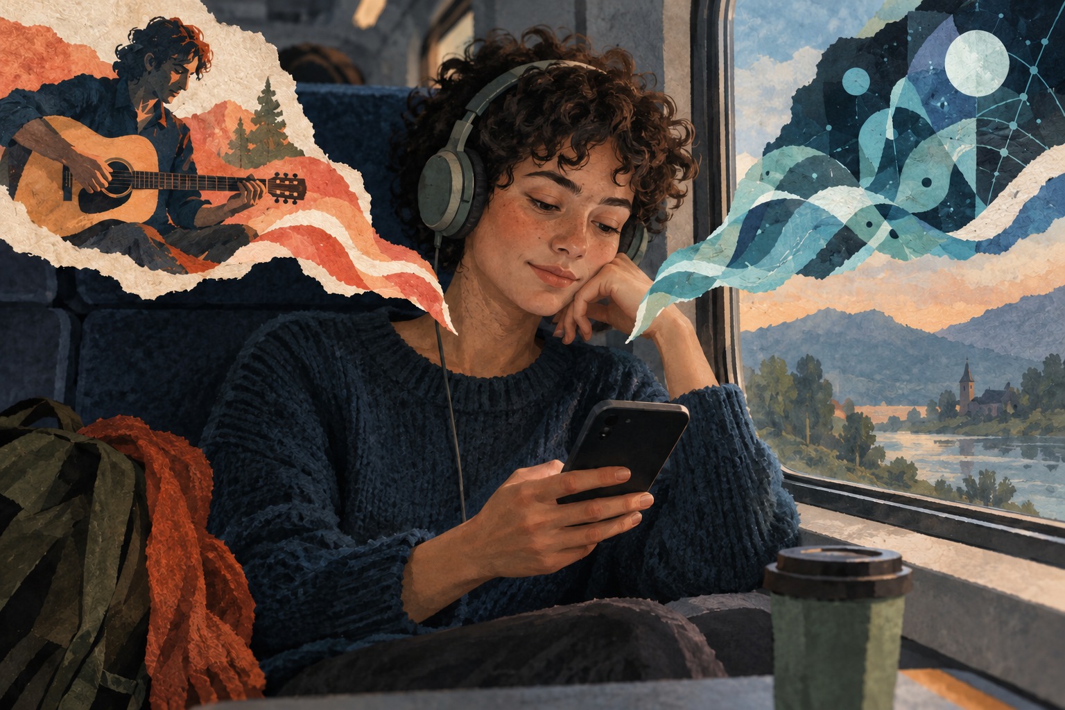 Papiercollage van een luisteraar in de trein met een telefoon, een gitarist en abstracte geluidsgolven.
