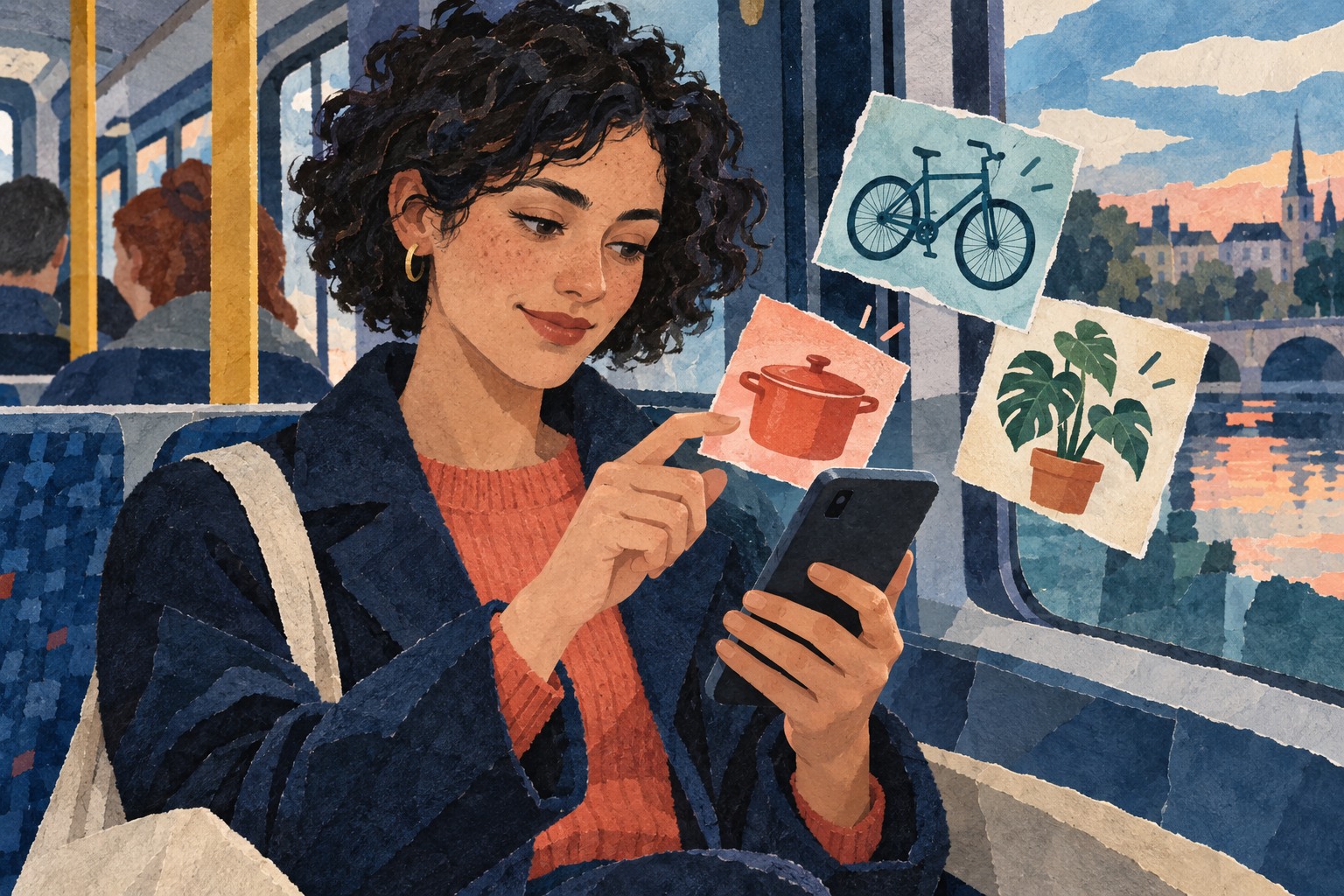 Conceptuele collage van een vrouw met een telefoon in de tram, omringd door afbeeldingen van koken, fietsen en planten.