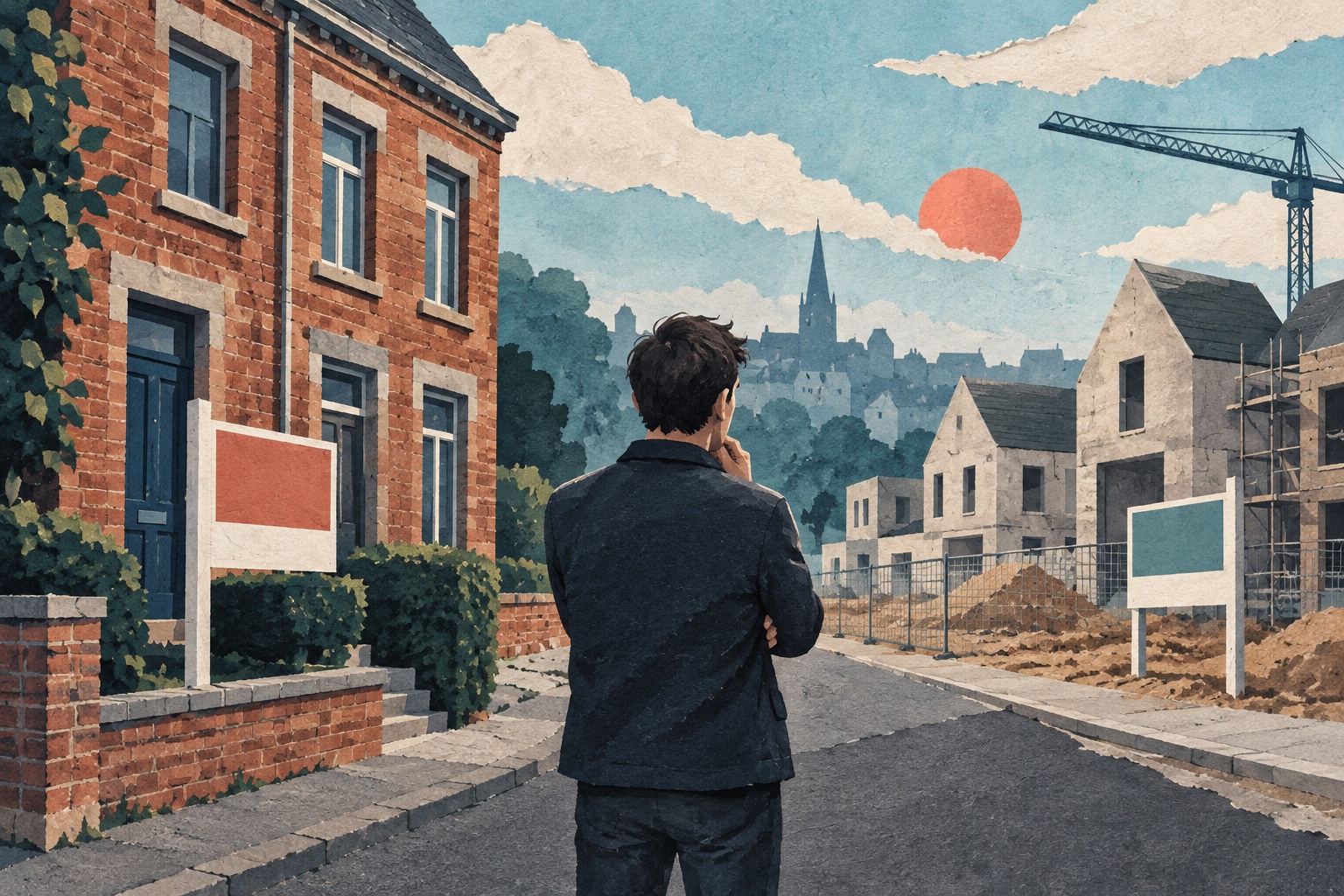 Illustratie: een woningzoeker kijkt naar een bestaand bakstenen huis en woningen in aanbouw.