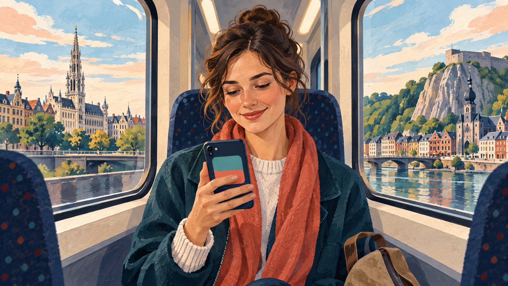 Conceptuele illustratie van een treinreiziger die op haar telefoon twee groeiende datavlakken ziet; extra mobiele data bij Scarlet, geen snelheidsmeting.
