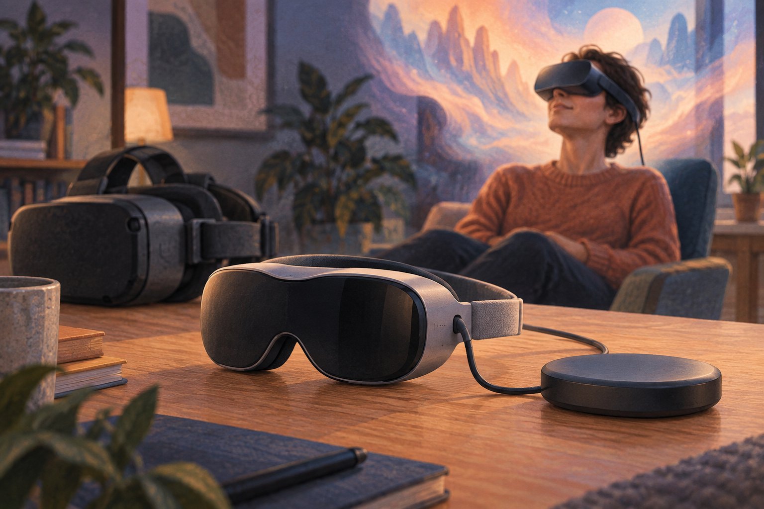 Conceptuele illustratie van een lichte VR-bril met donkere schermen, verbonden aan een los computerkastje op tafel; erachter ligt een grotere headset.