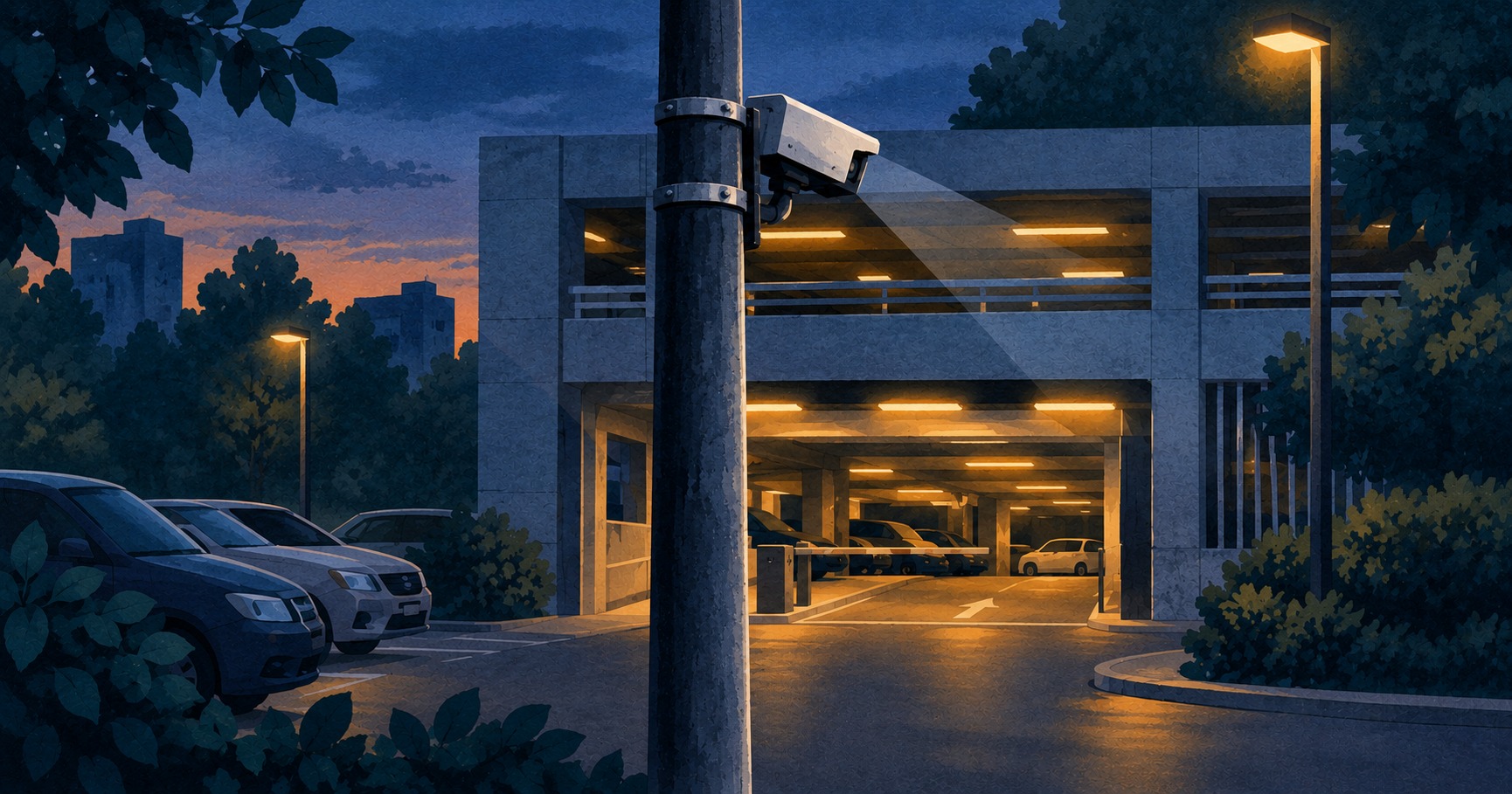 Conceptuele illustratie van een bewakingscamera naast een generieke parkeergarage; geen beeld van de Parkdreef of een echte installatie.