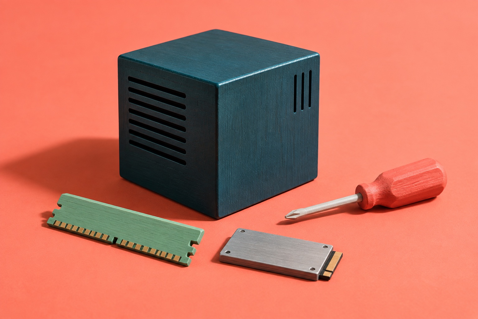 Conceptuele AI-illustratie van houten modellen van een compacte spelcomputer, geheugen, opslag en een schroevendraaier op een koraalkleurige achtergrond; geen technische productfoto.