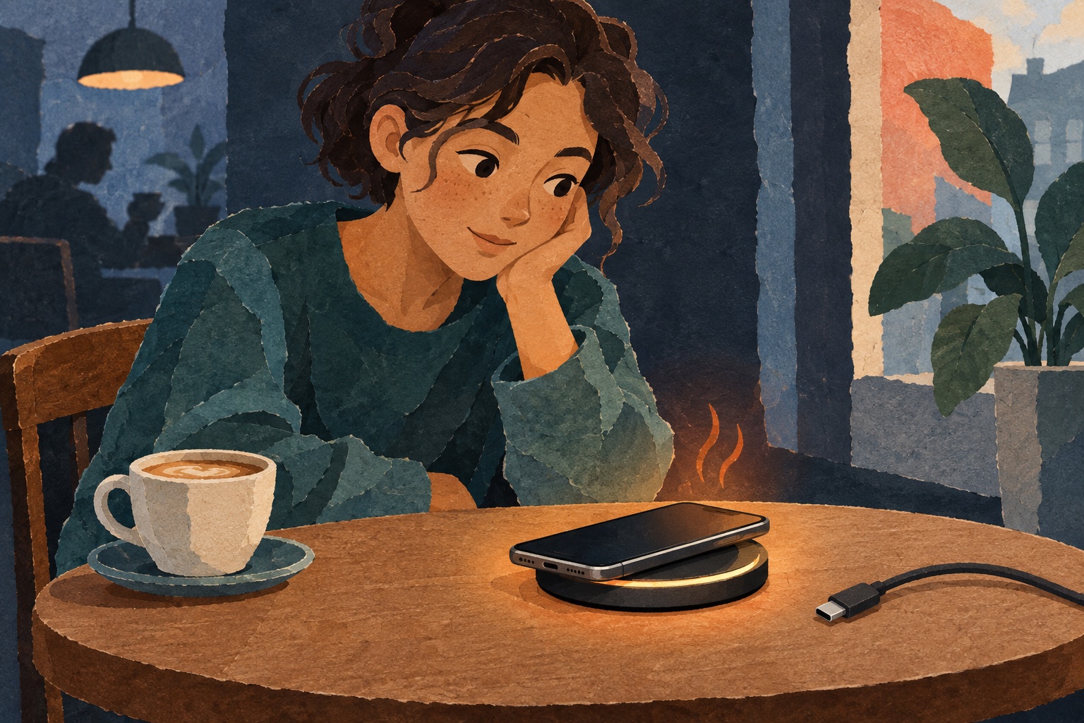 Geschilderde papiercollage: iemand bekijkt een telefoon op een draadloze lader, met een losse kabel ernaast.