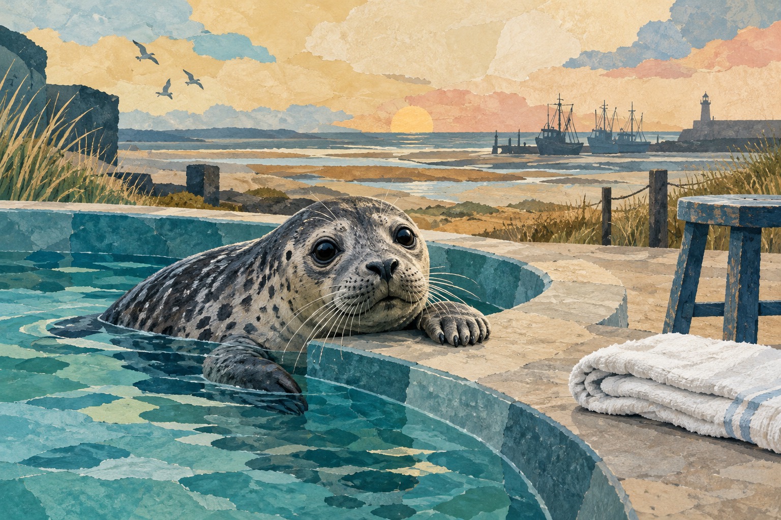 Conceptuele illustratie van een zeehond bij een opvangbad met een lege kruk en een handdoek; geen beeld van de werkelijke locatie.