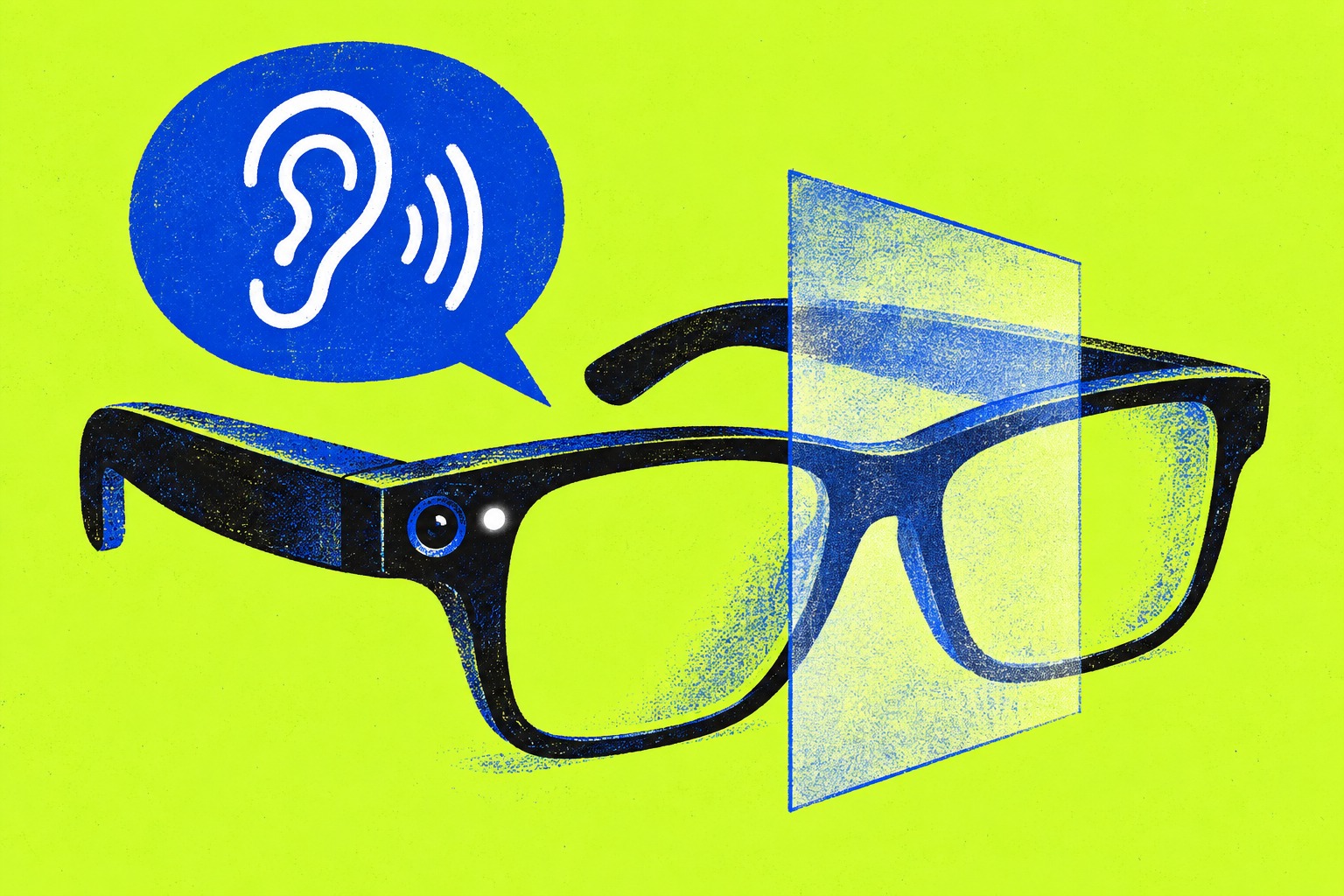 AI-illustratie van een camerabril, een oor in een praatwolk en een doorzichtig scherm als symbool voor hulp en privacy.