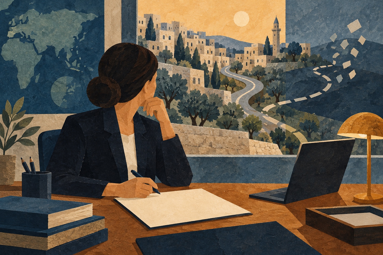 Illustratie van een diplomatieke medewerker die vanuit een kantoor uitkijkt over een stad en onzekere reisroute.